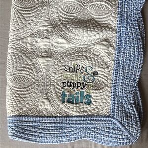Handmade Embroidered Baby Quilt with Blue Trim - Approx 43” x 35”